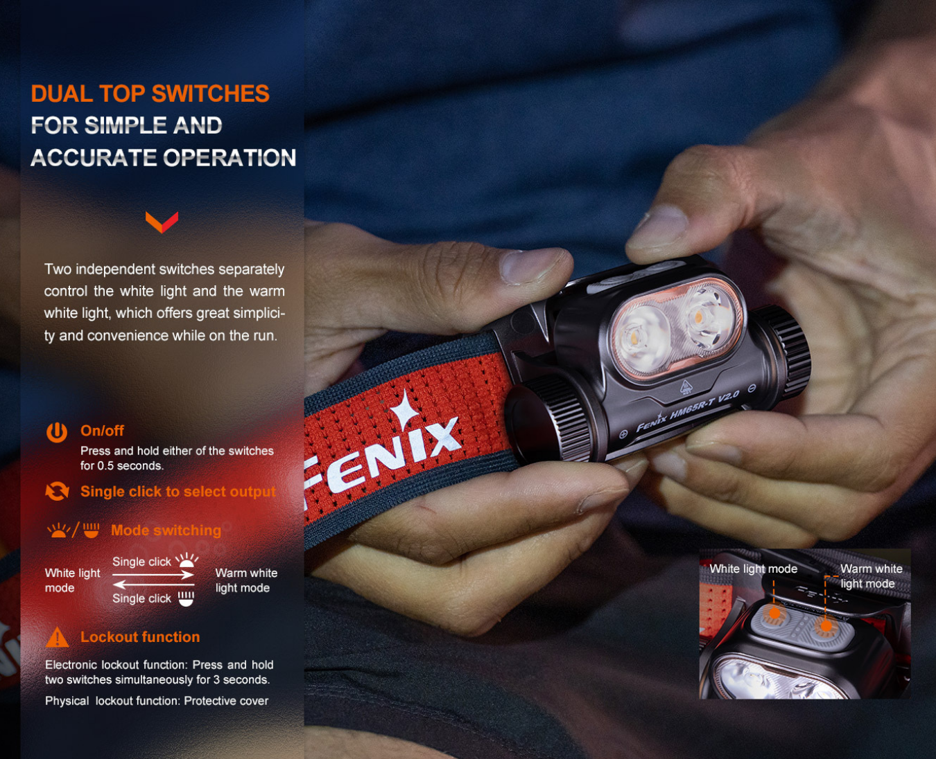 Fenix HM65R-T V2.0 Luminus SST40 Cool White LED & SST20 Warm White LED 1600L Lightweight Magnesium Rechargeable Headlamp