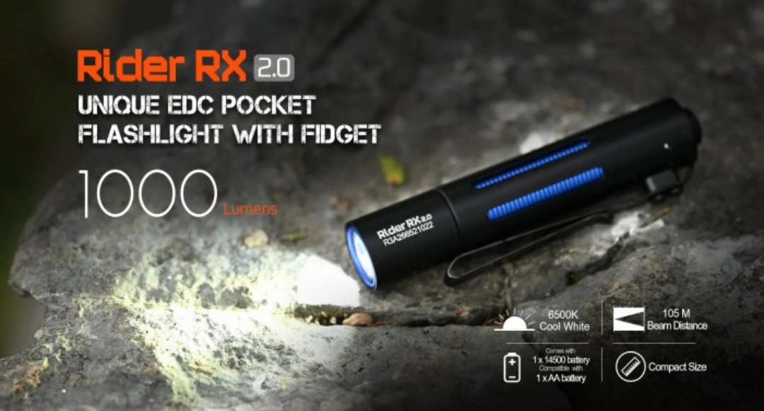 Acebeam Rider RX 2.0 AL Black Fidget 6500K Cool White LED 1000 Lumens USB Rechargeable EDC Flashlight