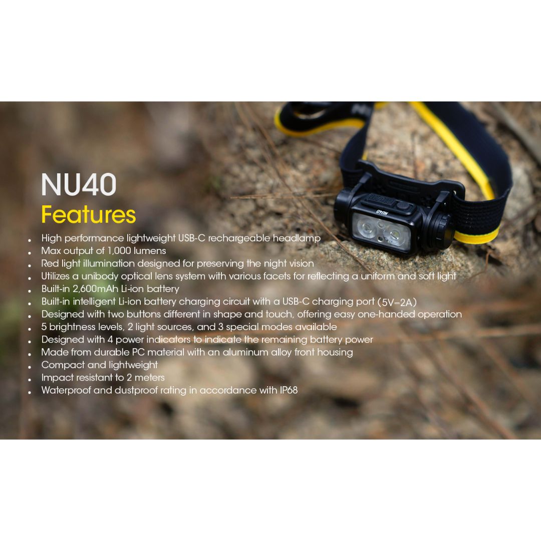 Nitecore NU40 1000 Lumens CW Spotlight + Floodlight Rechargeable Headlamp