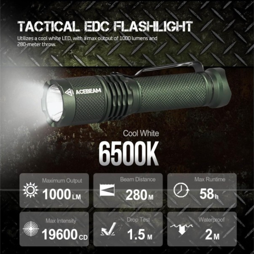 Acebeam TAC AA Cool White 6500k 1000 Lumens USB Rechargeable Flashlight