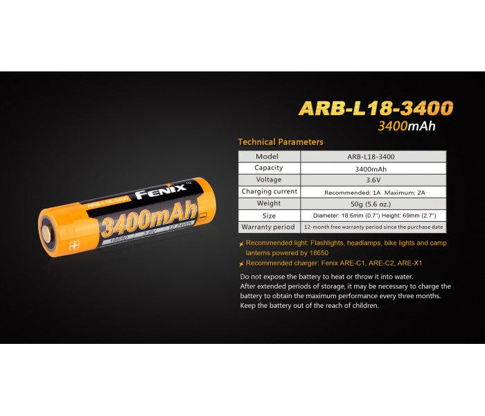 Fenix 18650 3.6V 3400mAh Li-ion Protected Rechargeable Battery (ARB-L18-3400)