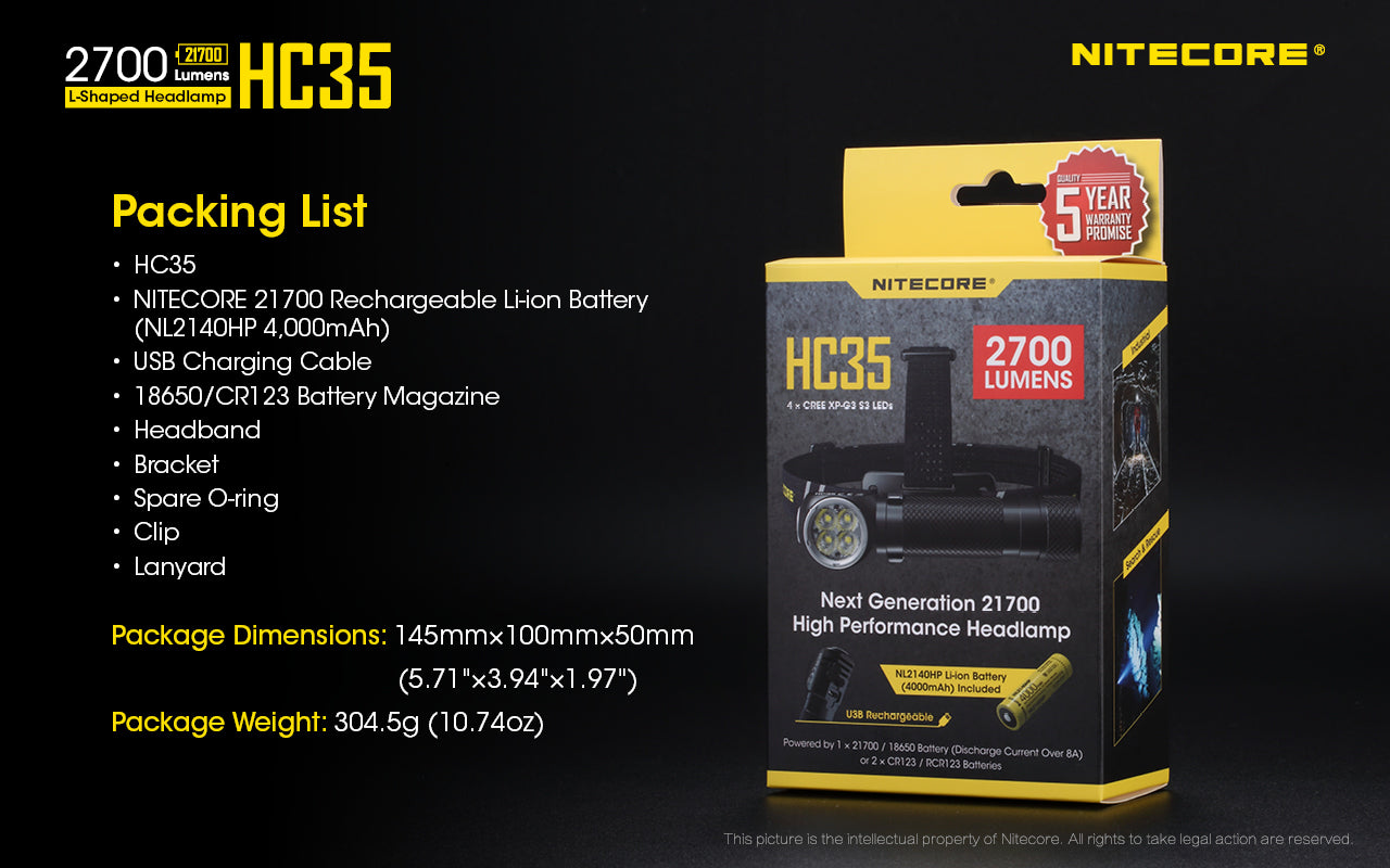 NITECORE HC35 CREE XP-G3 S3 LED 2700L RECHARGEABLE HEADLAMP