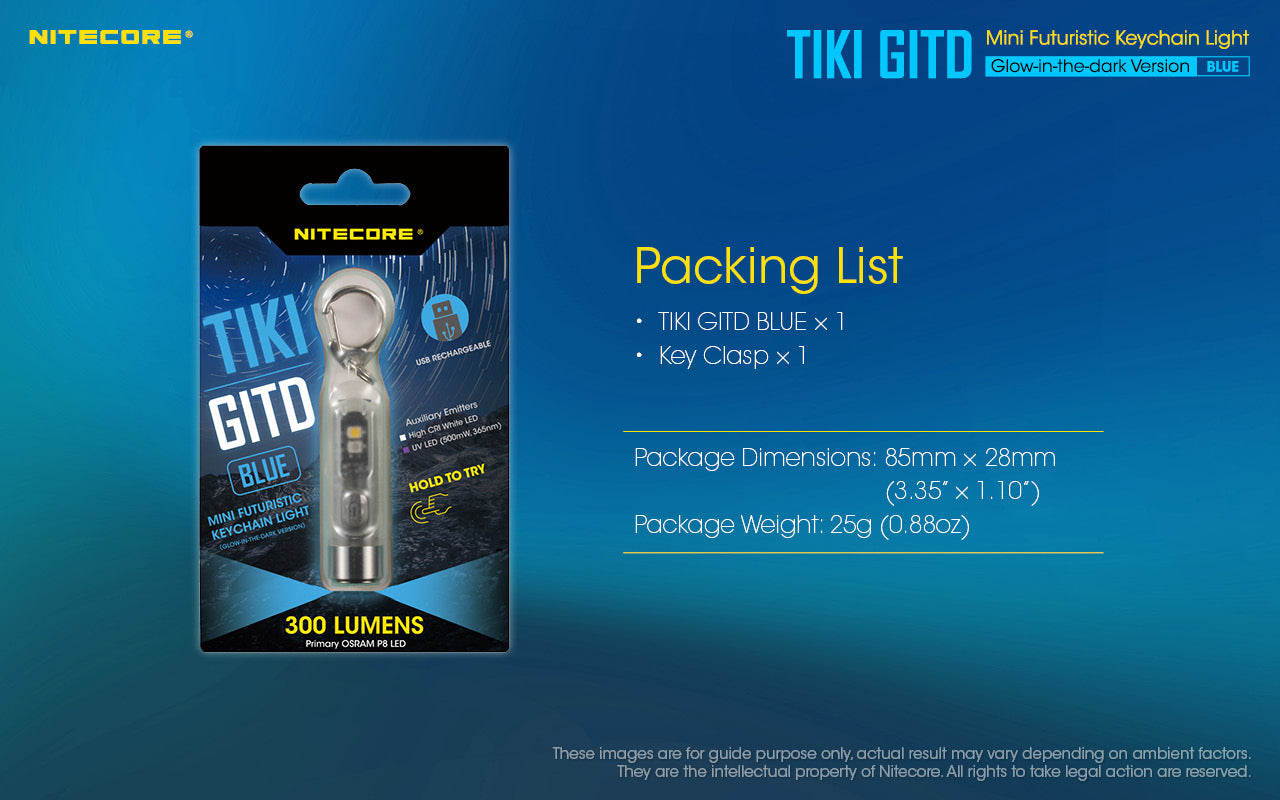 Nitecore TIKI GITD BLUE UV/HiCRI LED Keychain Light 300 Lumens Type-C Rechargeable Flashlight
