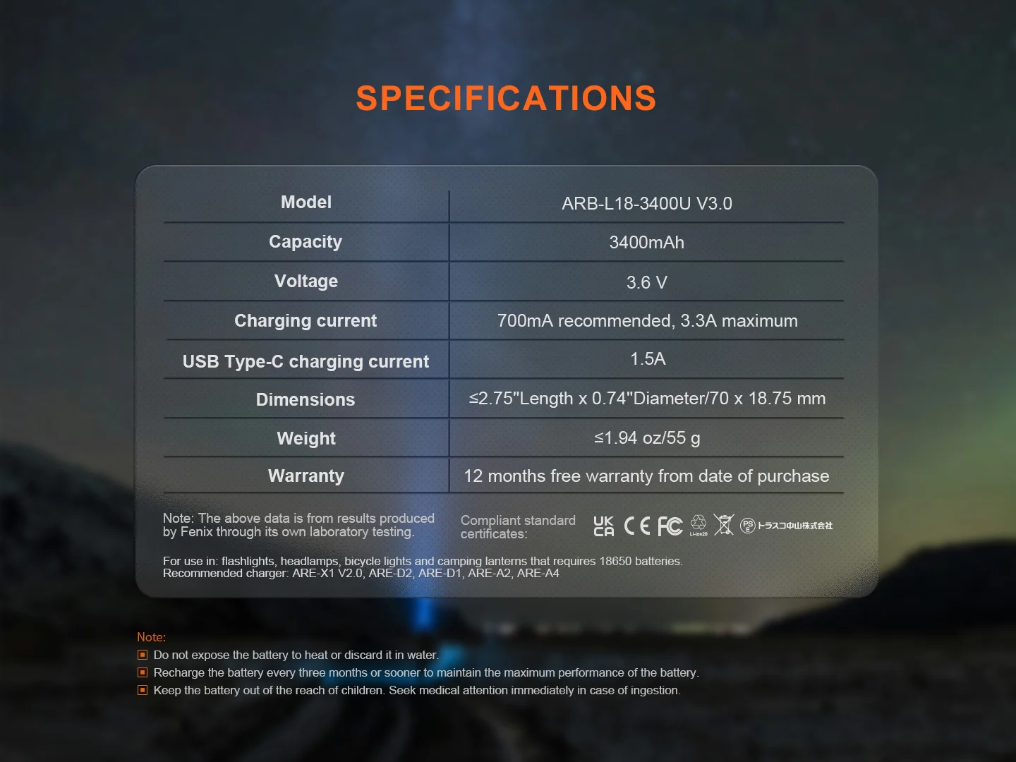 Fenix 18650 3.6V 3400mAh Li-ion USB Rechargeable Battery (ARB-L18-3400U V3.0)