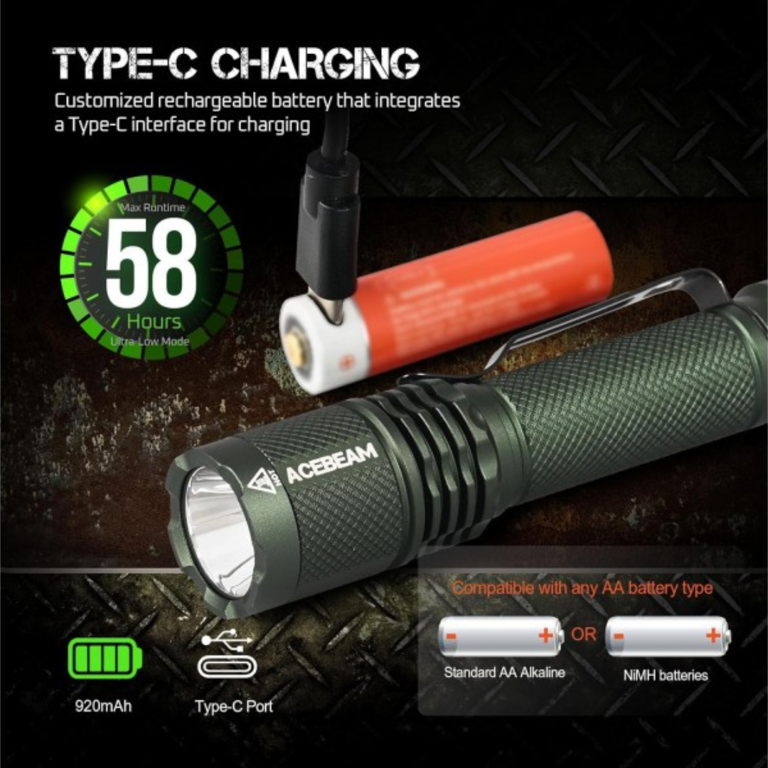 Acebeam TAC AA Cool White 6500k 1000 Lumens USB Rechargeable Flashlight