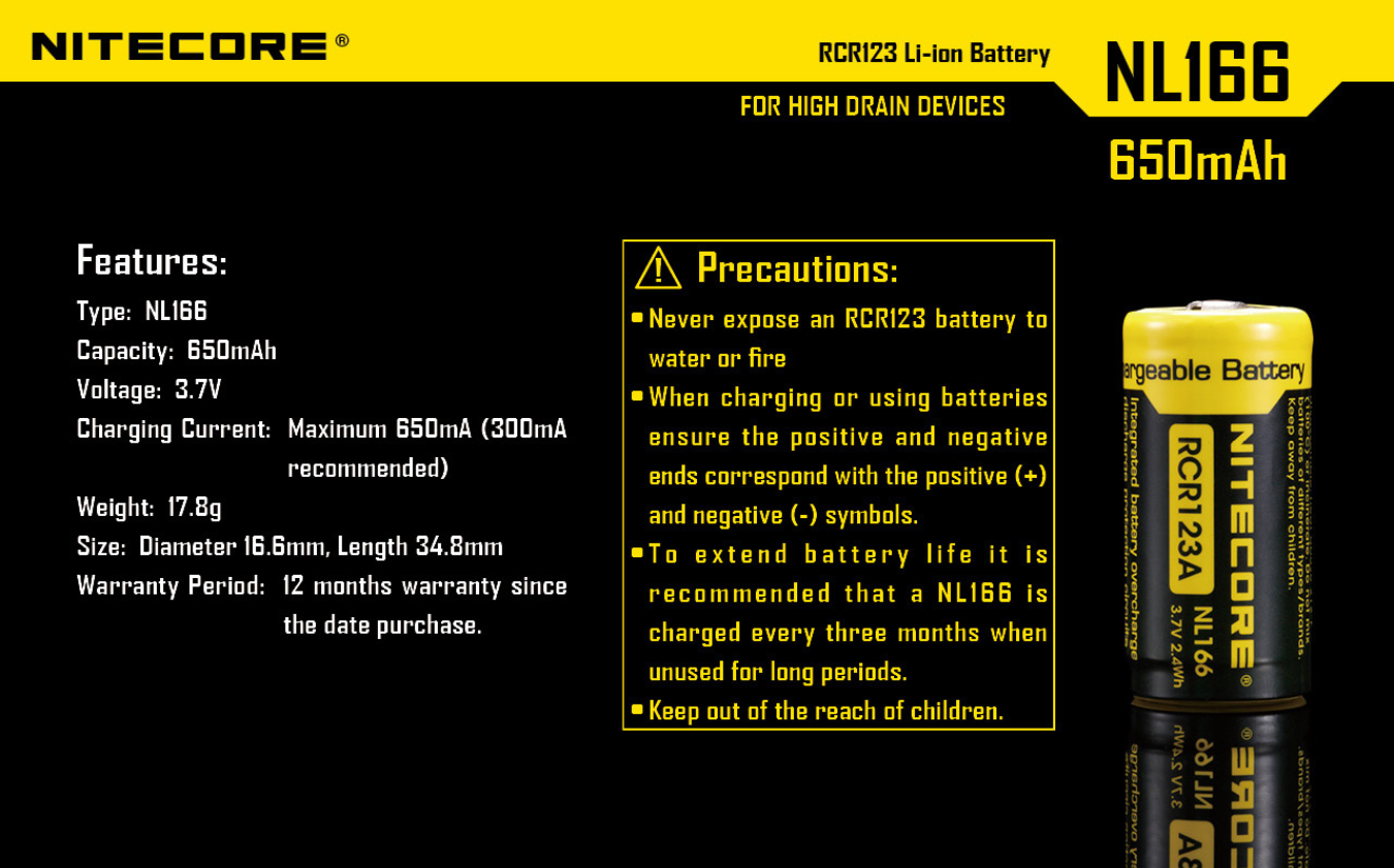 Nitecore RCR123 16340 650mAh 3.6V 4A High Drain Rechargeable Li-ion Battery NL166