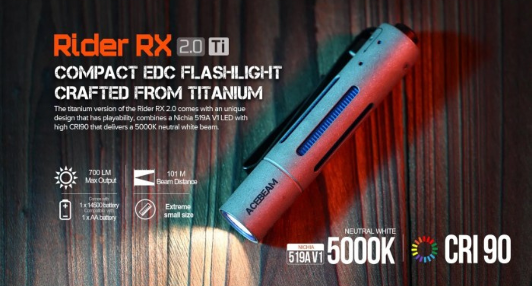 Acebeam Rider RX 2.0 TI Fidget Nichia 519A CRI90 Neutral White LED 700L USB Rechargeable EDC Flashlight