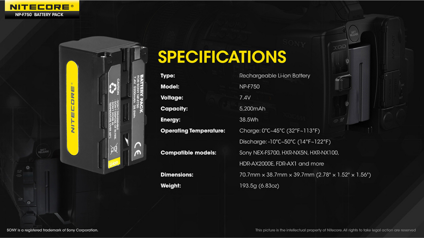Nitecore NP-F750 5200mAh Rechargeable Li-ion Battery for Nitecore CW10