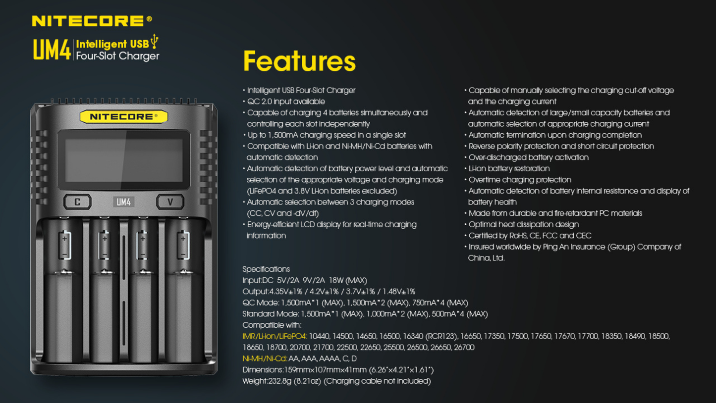 Nitecore UM4 Intelligent USB Four-Slot Li-ion NiMH Battery Charger