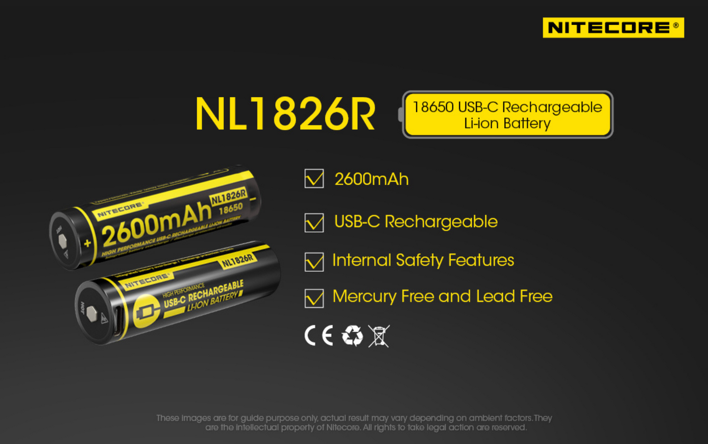 Nitecore 18650 2600mAh 3.6V Type-C Rechargeable Li-ion Battery NL1826R