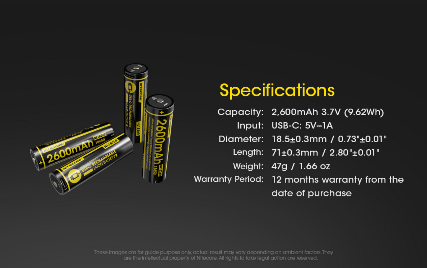 Nitecore 18650 2600mAh 3.6V Type-C Rechargeable Li-ion Battery NL1826R
