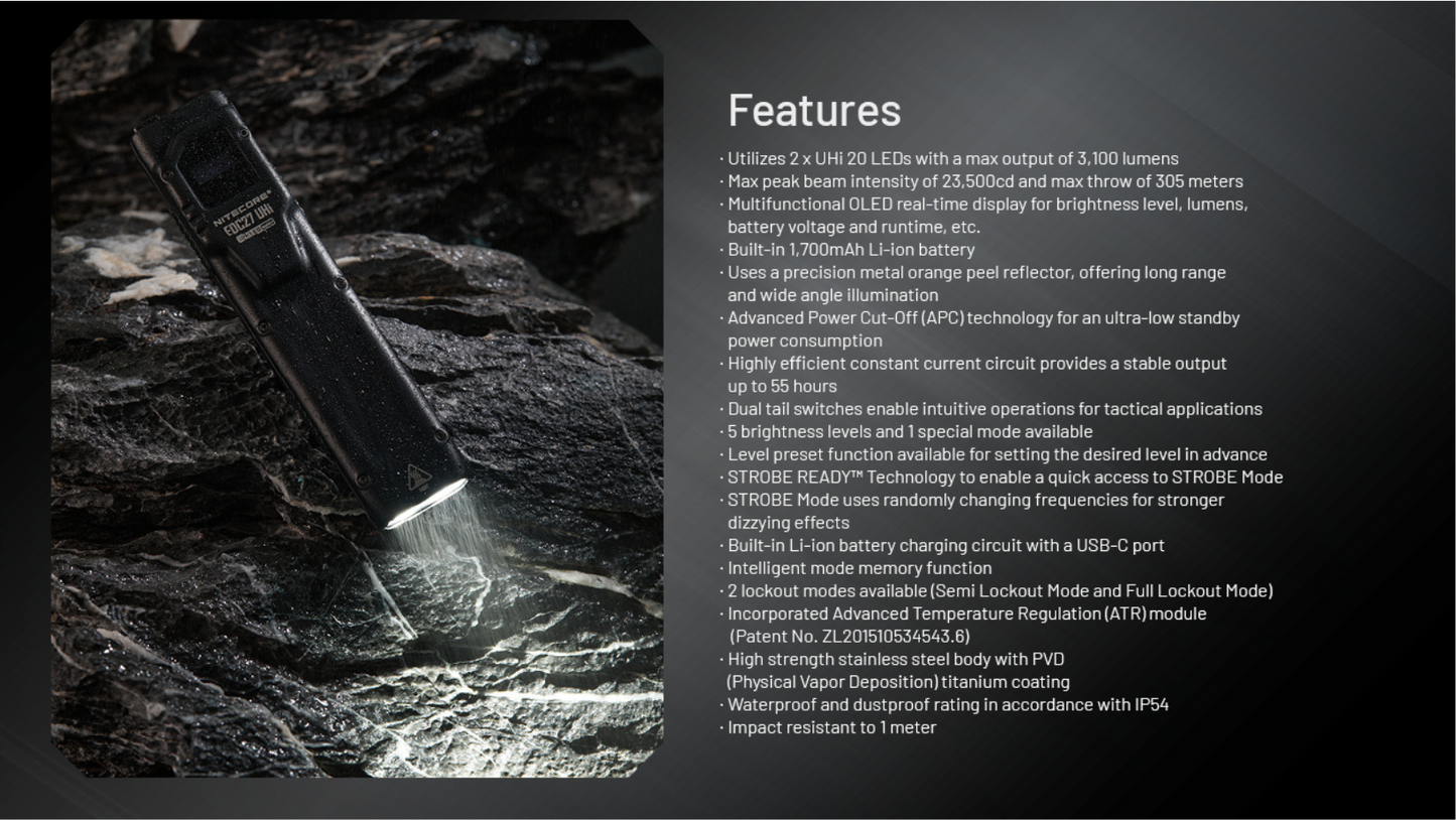 Nitecore EDC27 UHi 2x NiteLab UHi 20 LED Ultra Slim 3100L High Performance EDC Rechargeable Flashlight