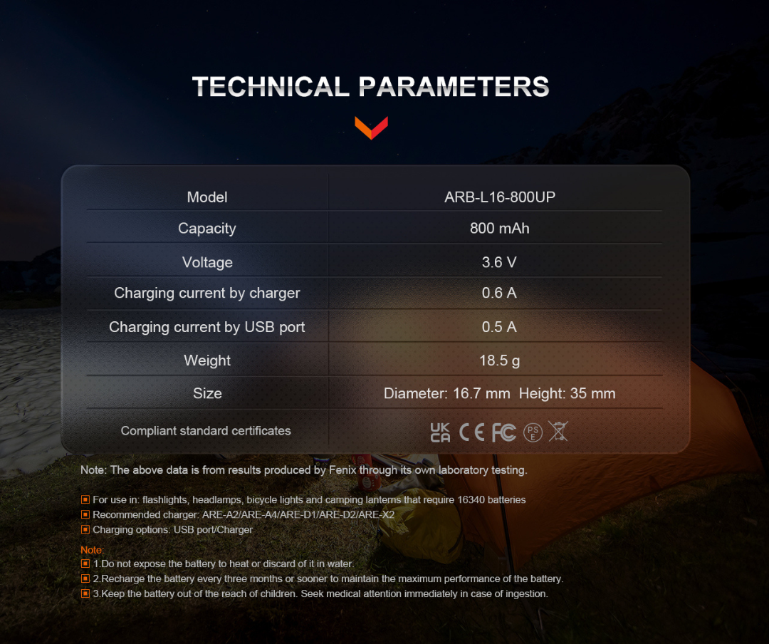 Fenix 16340 RCR123 3.6V 800mAh Li-ion USB Rechargeable Battery (ARB-L16-800UP)