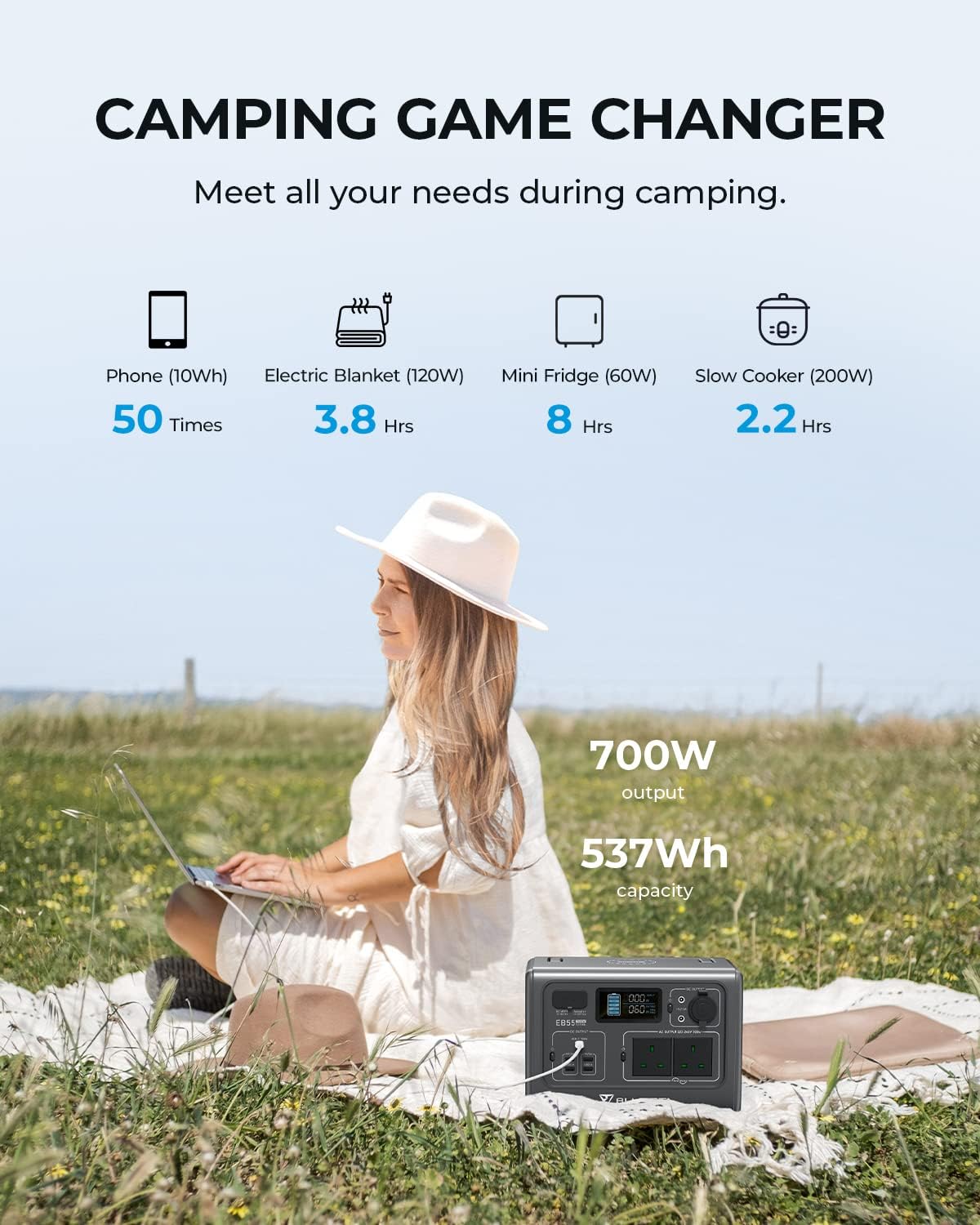 BLUETTI EB55 Portable Power Station 537Wh LiFePO4 Battery Surge AC Solar Generator (700W/1400W)