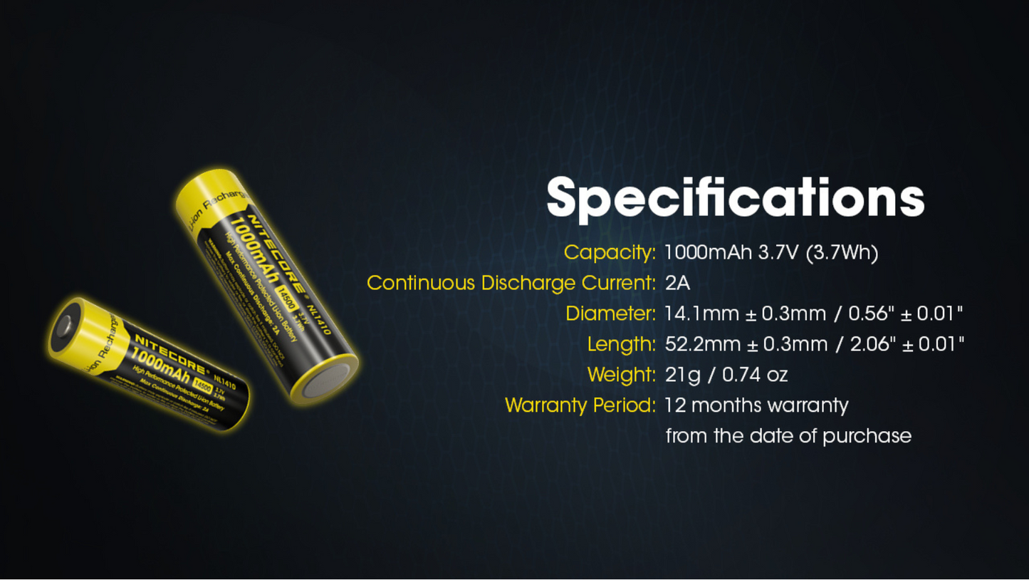 Nitecore 14500 1000mAh 3.7V High Performance Protected Rechargeable Li-ion Battery NL1410