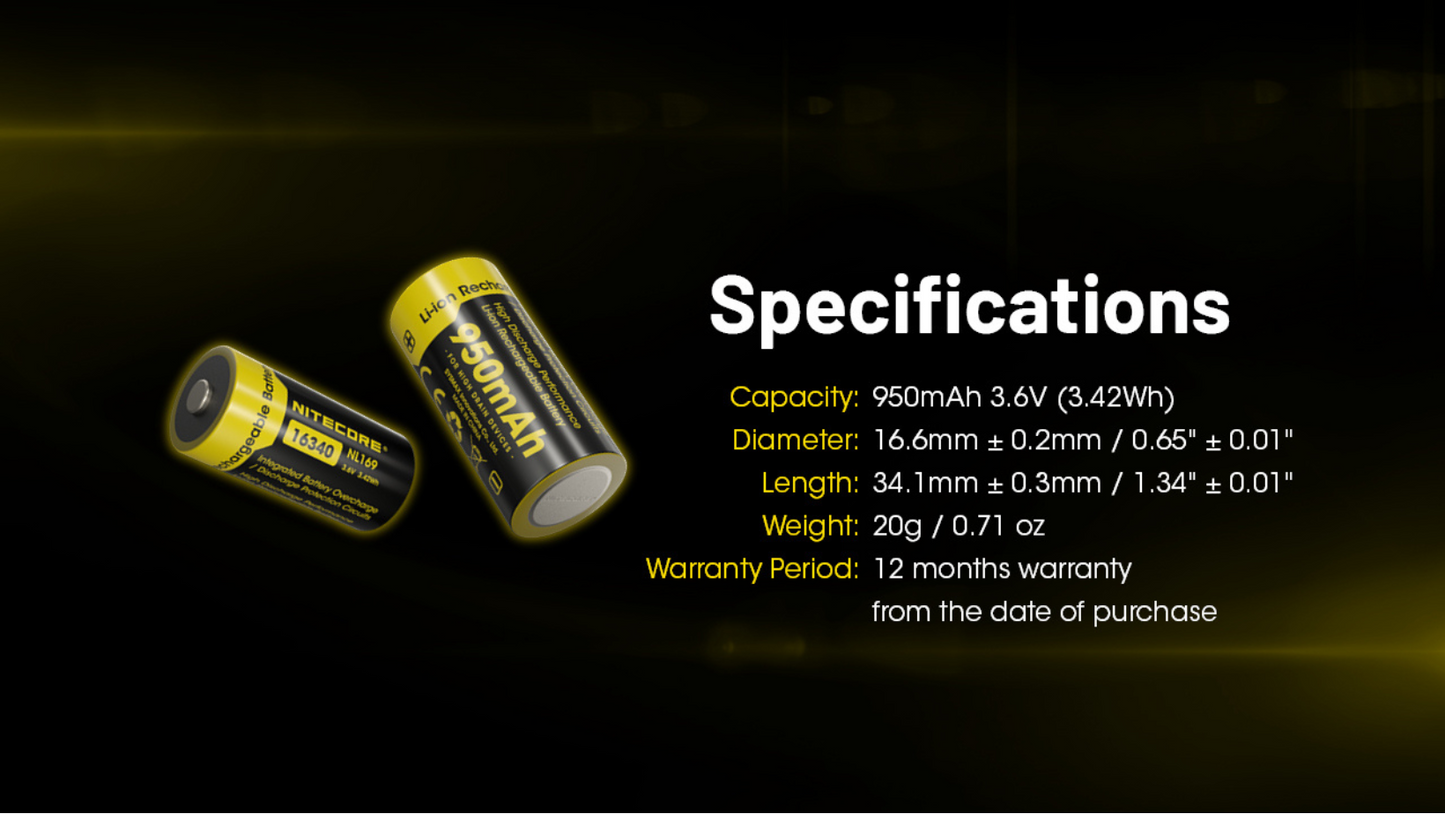 Nitecore RCR123 16340 950mAh 3.6V 2A High Performance Rechargeable Li-ion Battery NL169