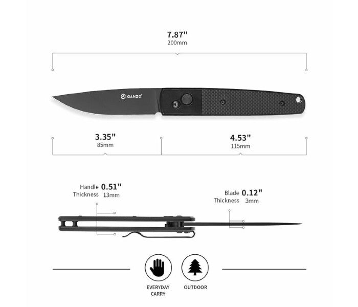 Ganzo G721B-BK Button Lock 440C G10 Folding Knife (Black)