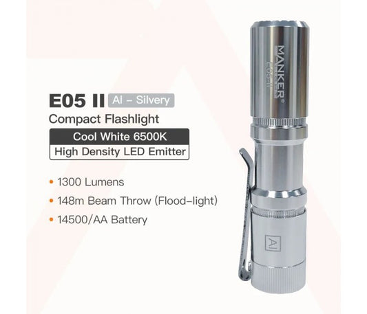 Manker E05 II CW SILVER Cool White LED 1300L Rechargeable EDC Flashlight