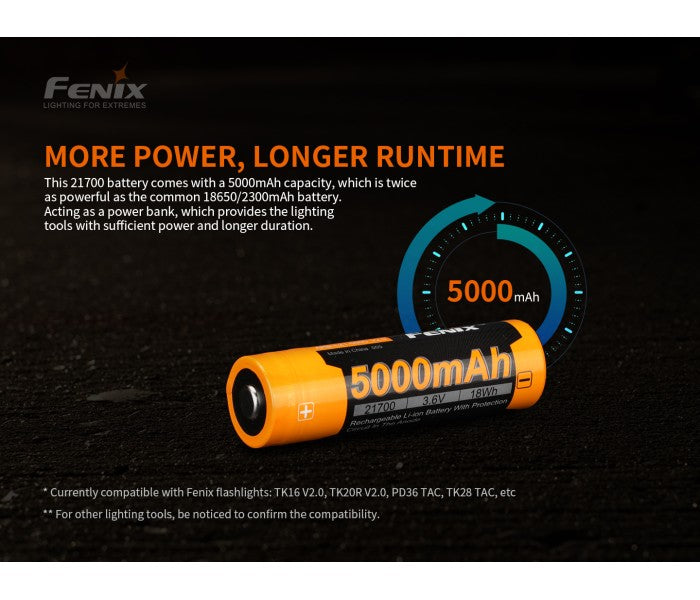 Fenix 21700 3.6V 5000mAh Li-ion Protected Rechargeable Battery ARB-L21-5000 V2.0