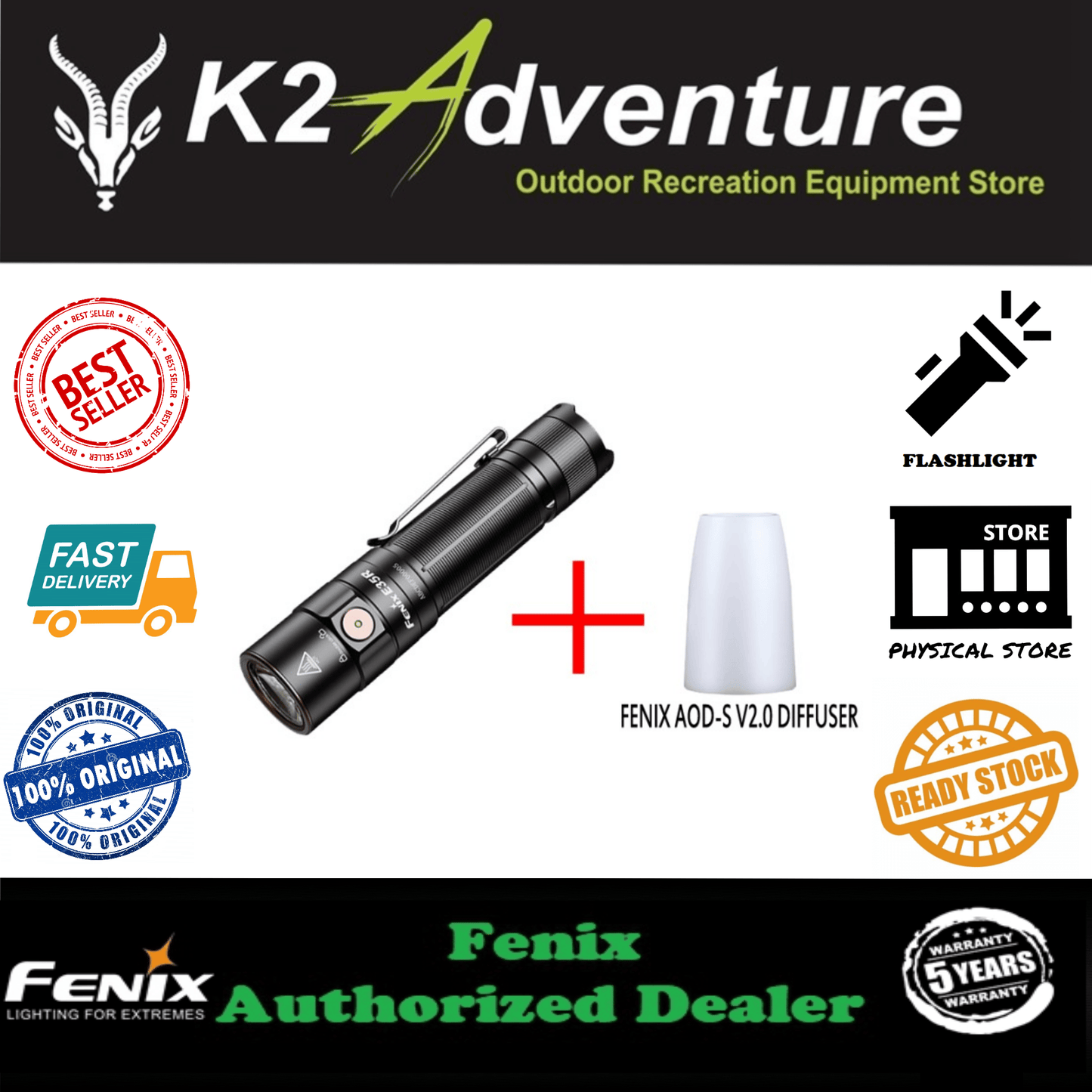 Fenix E35R + AOD-S V2.0 Diffuser Kit 3100L Rechargeable Flashlight