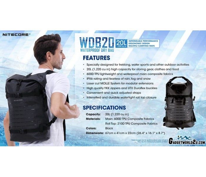 Nitecore WDB20 Waterproof Dry Bag Backpack 20L Black