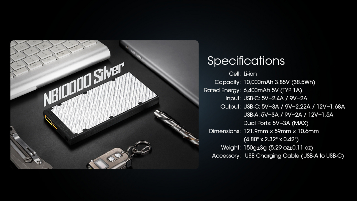 Nitecore NB10000 Gen II Silver Quick-Charge USB/USB-C Dual Port 10000mAh Power Bank