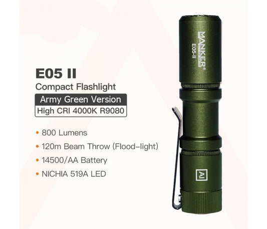 Manker E05 II NW ARMY GREEN Neutral White LED 800L Rechargeable EDC Flashlight