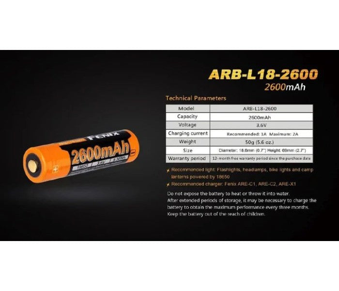FENIX 18650 3.6V 2600mAh Li-ion Protected Rechargeable Battery (ARB-L18-2600)