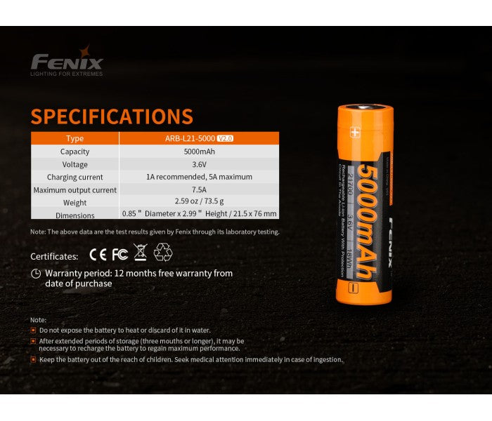 Fenix 21700 3.6V 5000mAh Li-ion Protected Rechargeable Battery ARB-L21-5000 V2.0