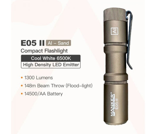 Manker E05 II CW SAND Cool White LED 1300L Rechargeable EDC Flashlight