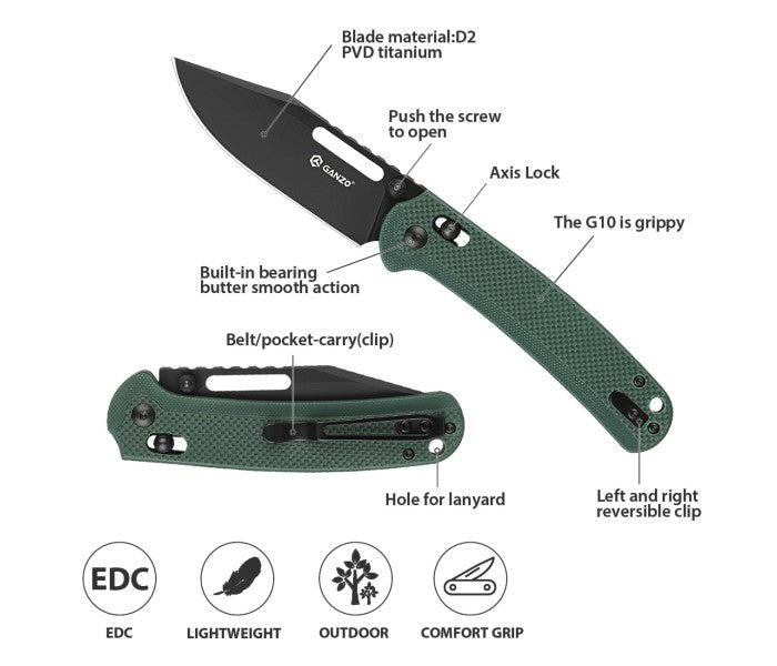 Ganzo G768PT-BK Axis Lock D2 Steel Titanium Coating G10 Folding Knife (Black)