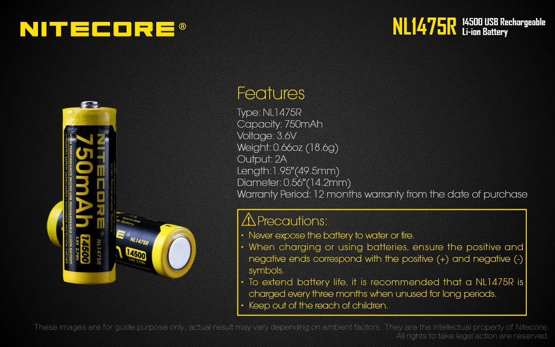 Nitecore 14500 750MAH 3.6V USB Rechargeable LI-ION Battery NL1475R