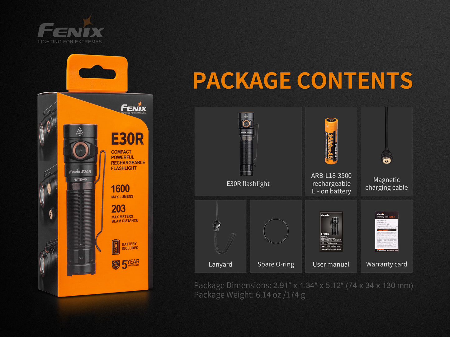 FENIX E30R Compact Rechargeable Flashlight 1600 Lumens