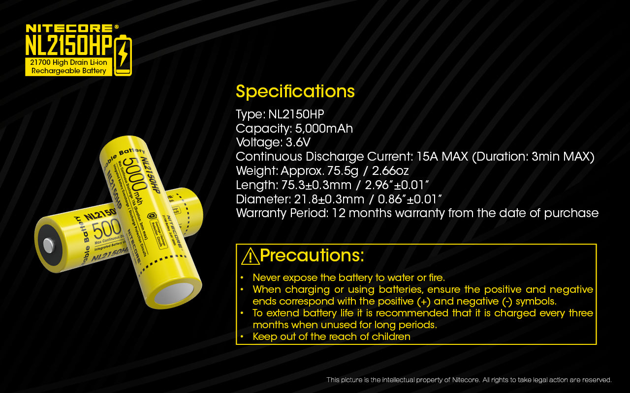 Nitecore 21700 5000MAH 15A 3.6V Rechargeable LI-ION Battery NL2150HP
