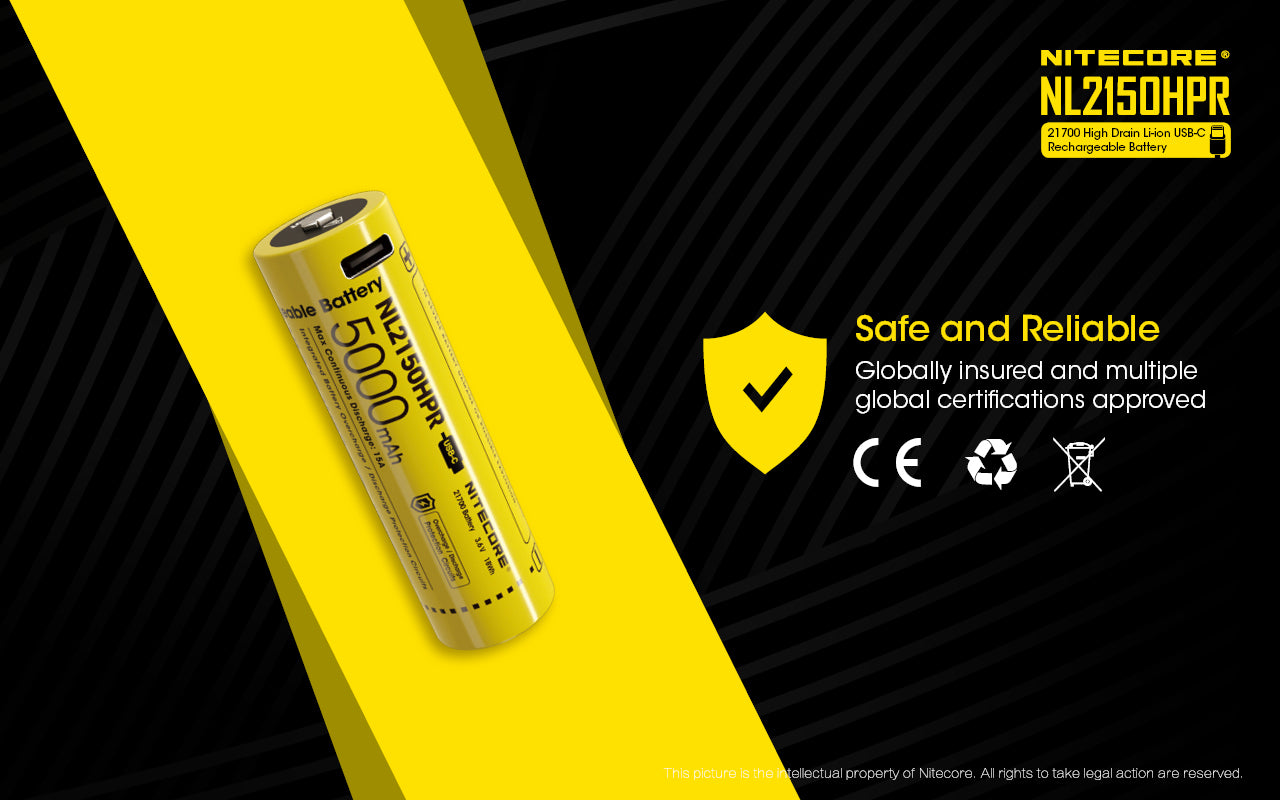 Nitecore 21700 5000MAH 15A 3.6V USB-C Rechargeable LI-ION Battery NL2150HPR