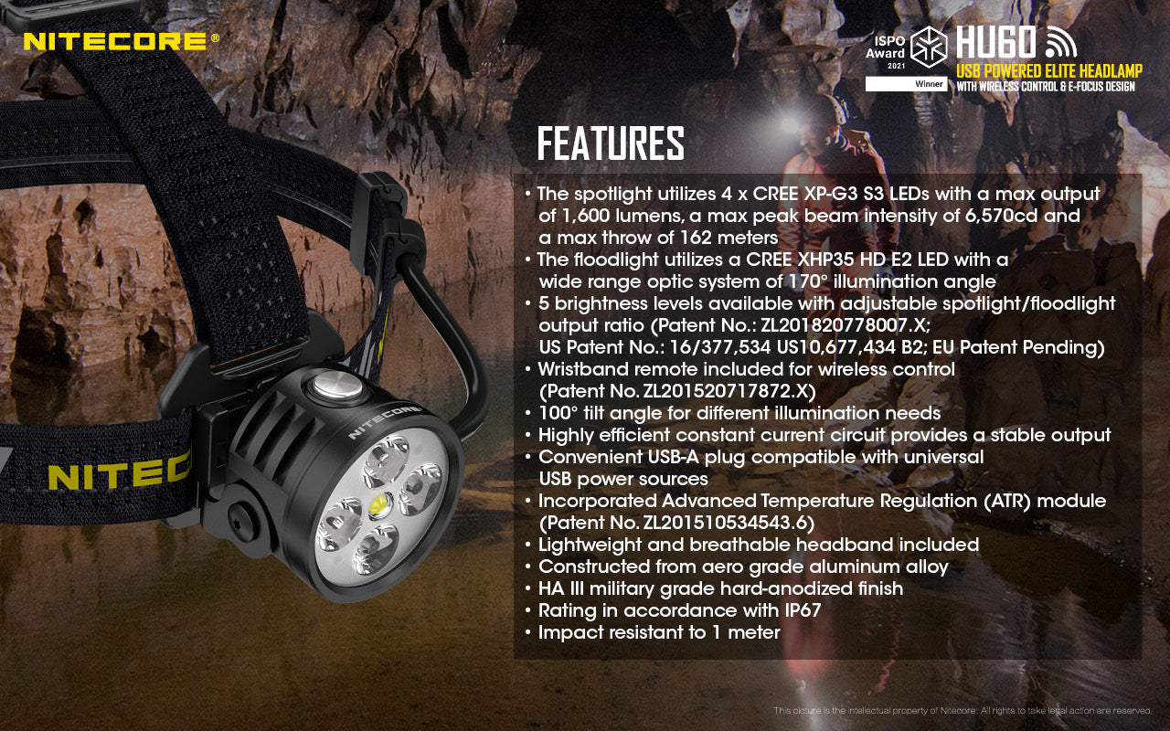 Nitecore HU60 1600 Lumens Headlamp with Wireless Wristband Control