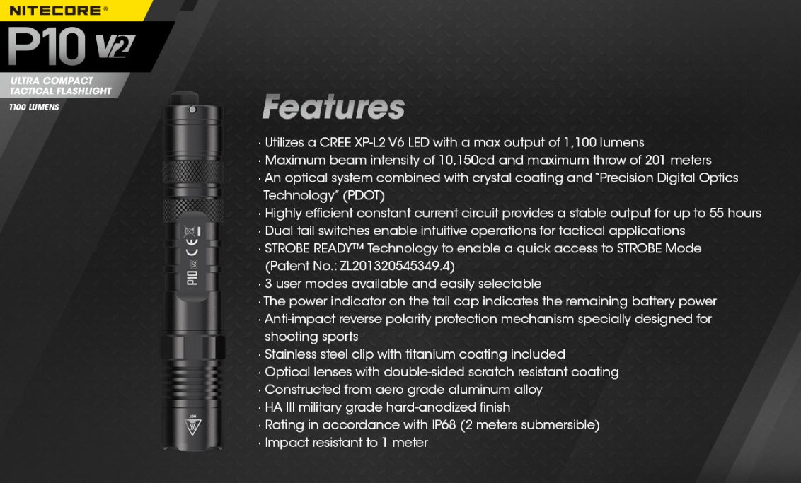 Nitecore P10 V2 1100 Lumens CREE XP-L2 V6 LED Flashlight