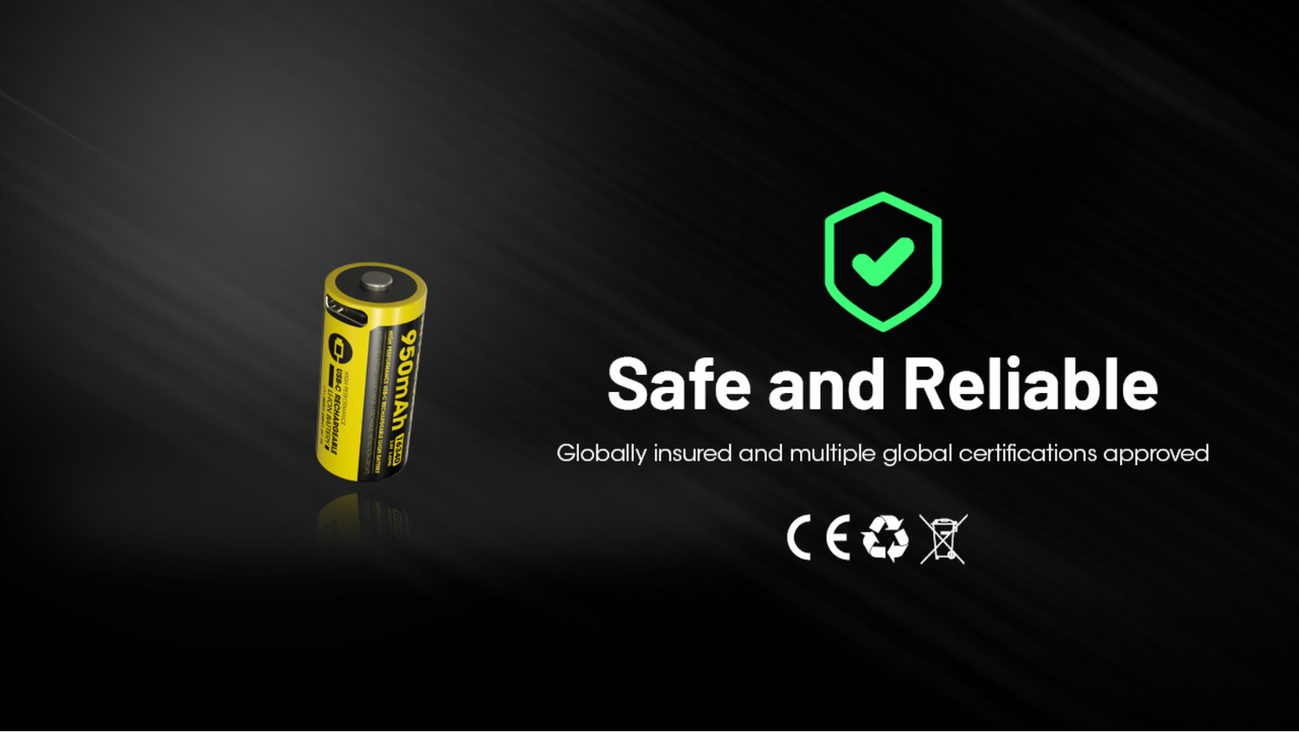 Nitecore RCR123 16340 950mAh 3.6V 2A USB-C High Performance Rechargeable Li-ion Battery NL169R