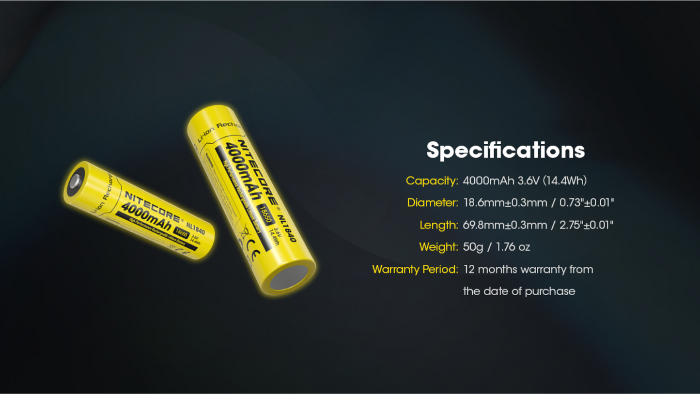 Nitecore 18650 4000mAh 5A Protected Li-ion Rechargeable Battery NL1840