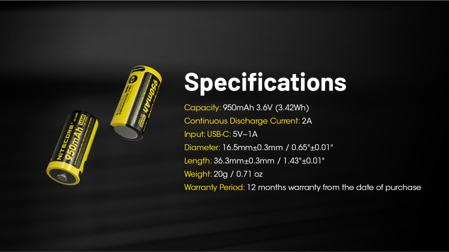 Nitecore RCR123 16340 950mAh 3.6V 2A USB-C High Performance Rechargeable Li-ion Battery NL169R