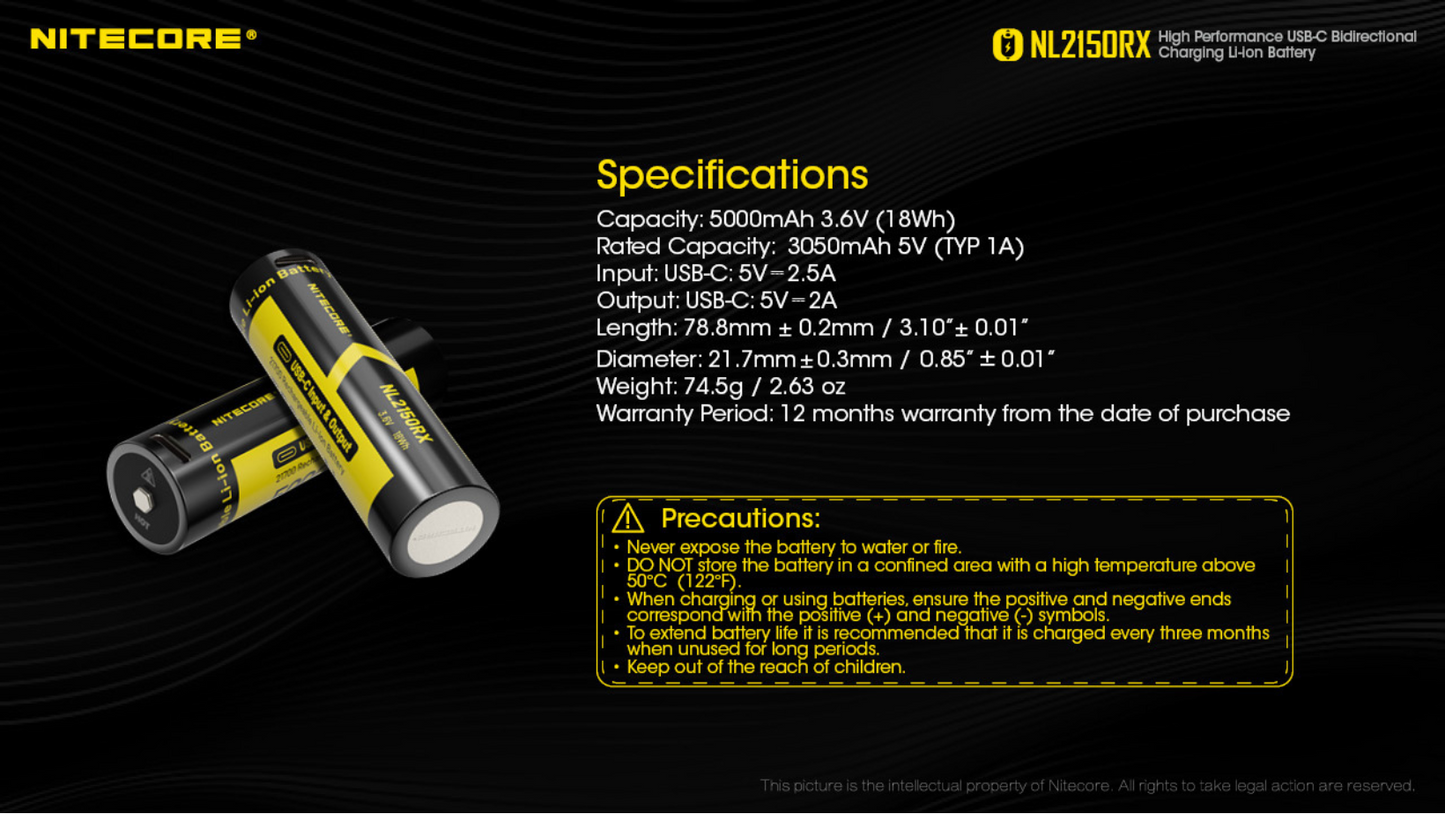 Nitecore 21700 5000mAh 8A 3.6V USB-C Input / Output Bidirectional Charging Rechargeable Li-ion Battery NL2150RX