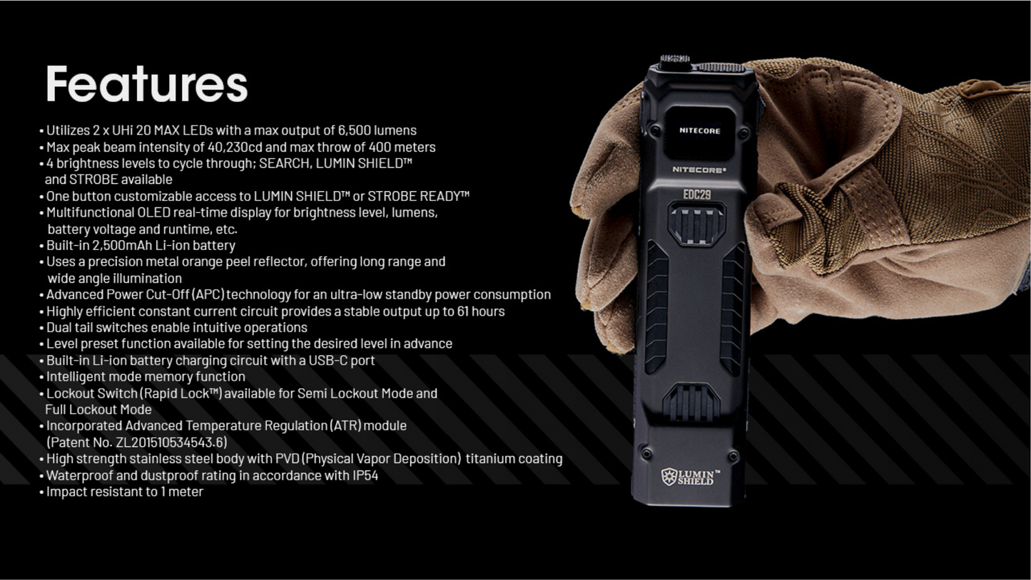 Nitecore EDC29 NiteLab UHi2 20 MAX LED 6500L Ultra Slim High Performance EDC Rechargeable Flashlight