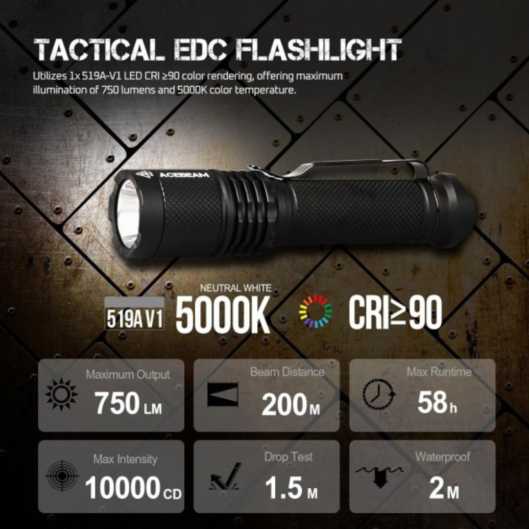 Acebeam TAC AA 519A -V1 5000k CRI90 750 Lumens USB Rechargeable Flashlight