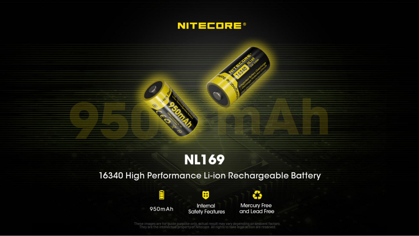 Nitecore RCR123 16340 950mAh 3.6V 2A High Performance Rechargeable Li-ion Battery NL169