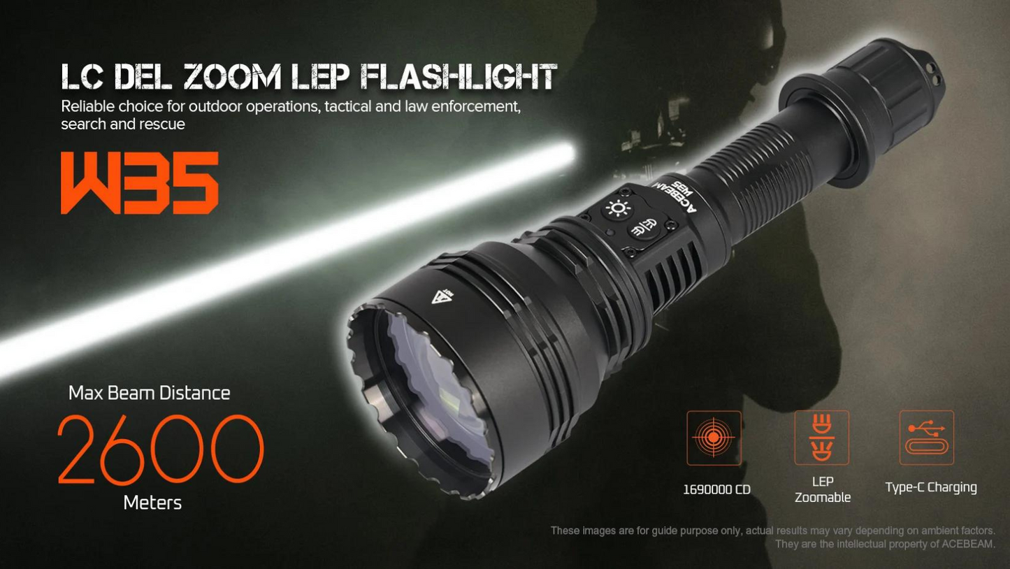 Acebeam W35 LC DEL Zoom LEP Cool White 800 Lumens USB-C Rechargeable Flashlight