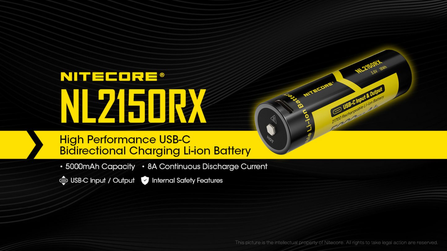 Nitecore 21700 5000mAh 8A 3.6V USB-C Input / Output Bidirectional Charging Rechargeable Li-ion Battery NL2150RX