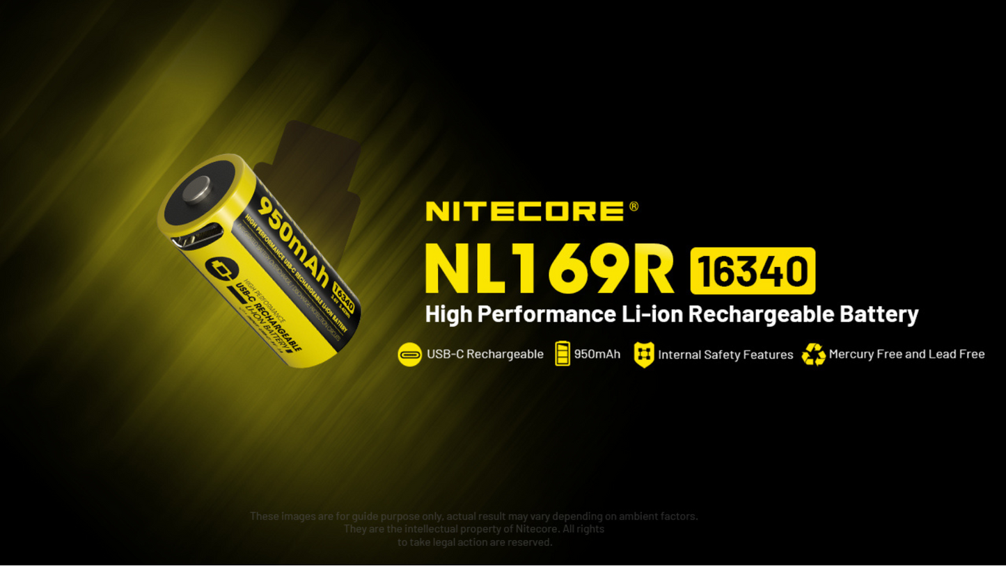 Nitecore RCR123 16340 950mAh 3.6V 2A USB-C High Performance Rechargeable Li-ion Battery NL169R