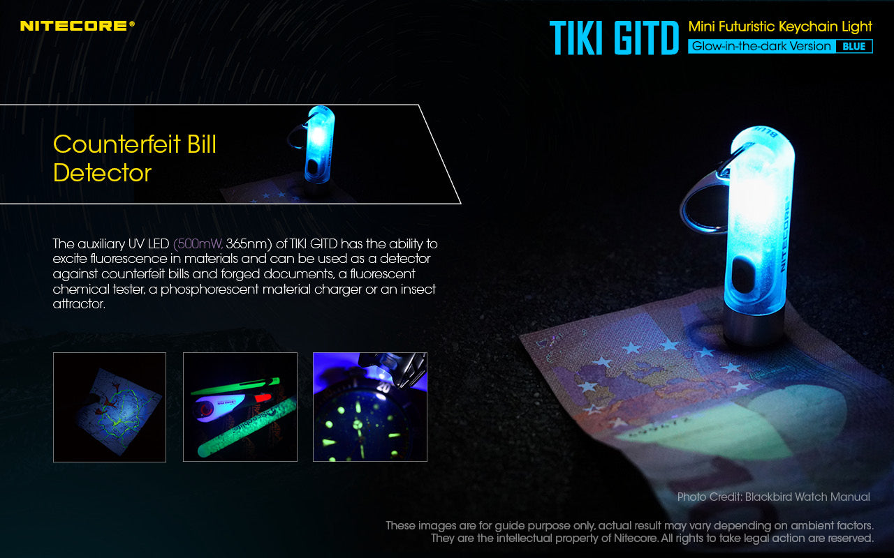 Nitecore TIKI GITD BLUE UV/HiCRI LED Keychain Light 300 Lumens Type-C Rechargeable Flashlight