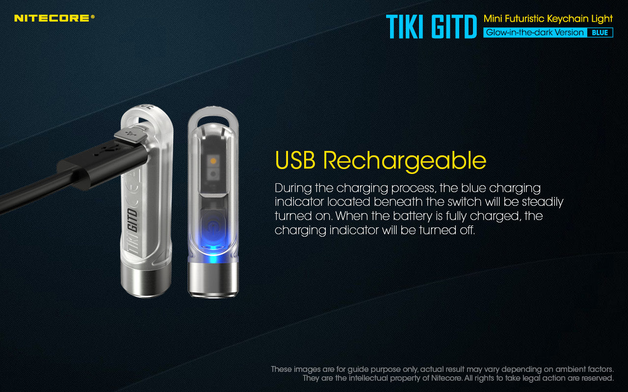Nitecore TIKI GITD BLUE UV/HiCRI LED Keychain Light 300 Lumens Type-C Rechargeable Flashlight
