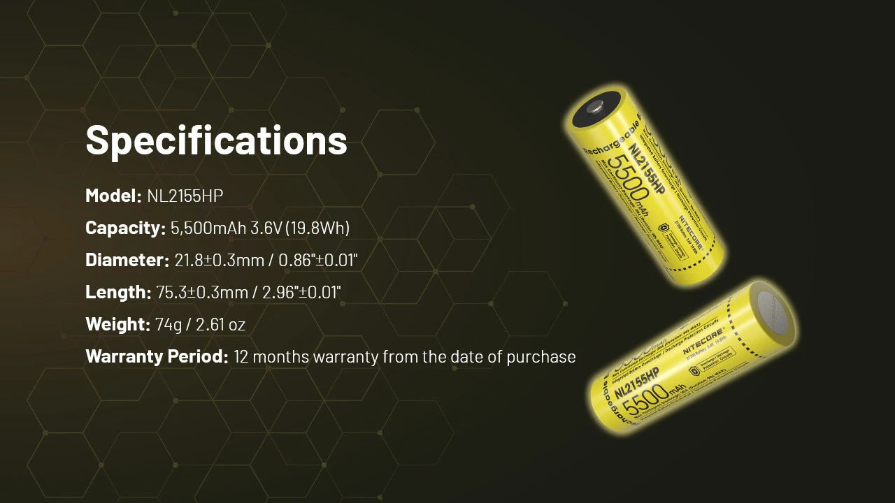 Nitecore 21700 5500mAh 20A 3.6V Rechargeable Protected Li-ion Battery NL2155HP